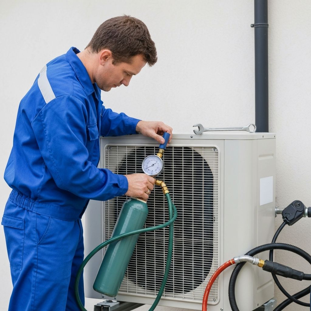 AC technician performing gas filling service