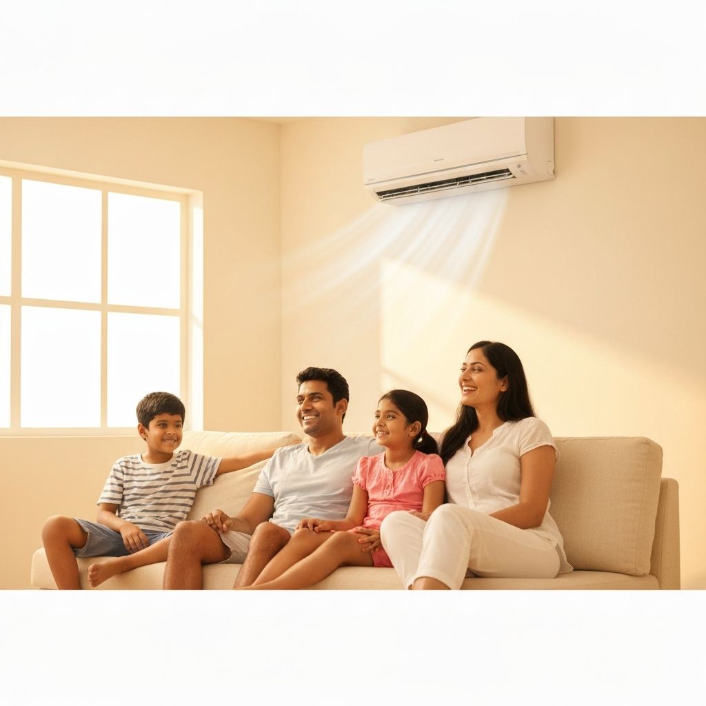 Happy family enjoying cool air from their AC after repair service